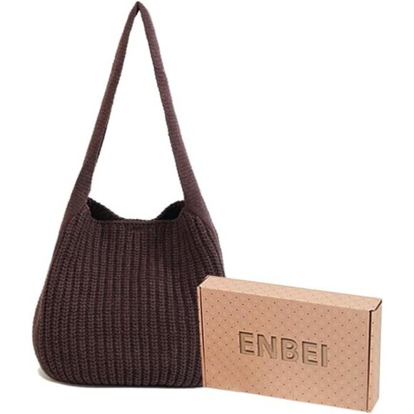 Women's Brown Shoulder Handbags Crocheted Bags Large Knit Bag Tote Bag - Picture 2 of 9